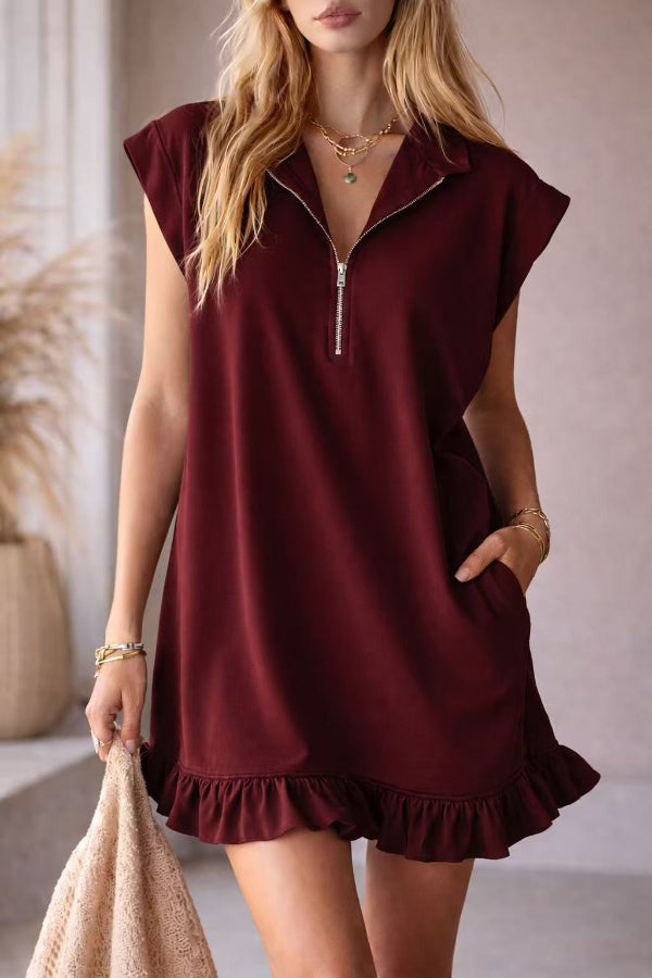 Cardydony Women's Solid Color Loose Sleeveless Pocket Casual Ruffle Mini Dress