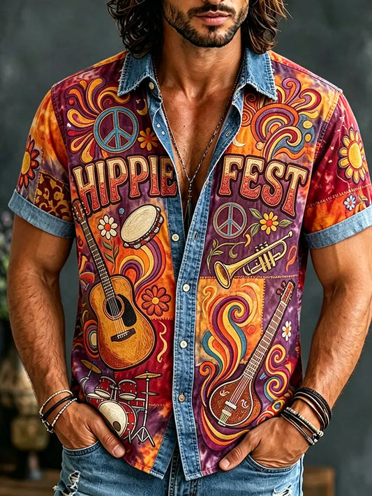 Cardydony Men's Retro Hippie Music Print Cotton Linen Shirt