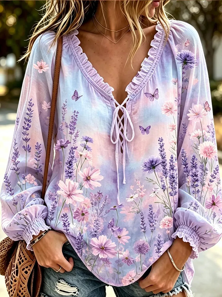 Cardydony Women's Boho V-neck Blouse - Lavender Flowers, Daisies And Small Butterflies Print Ruffle Long Sleeve Top