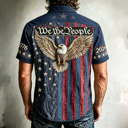 Cardydony Men's Vintage Independence Day And Eagle Print Short-sleeve Shirt
