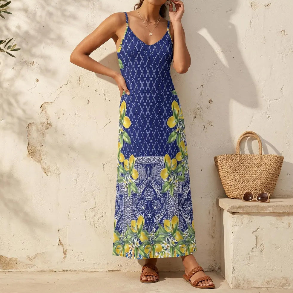 Cardydony Satin Sicilian Lemon Tile Sleeveless Maxi Dress