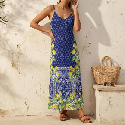 Cardydony Satin Sicilian Lemon Tile Sleeveless Maxi Dress