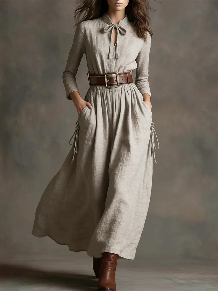 Cardydony Vintage Drawstring Tie Cotton Linen Long Sleeve Maxi Dress