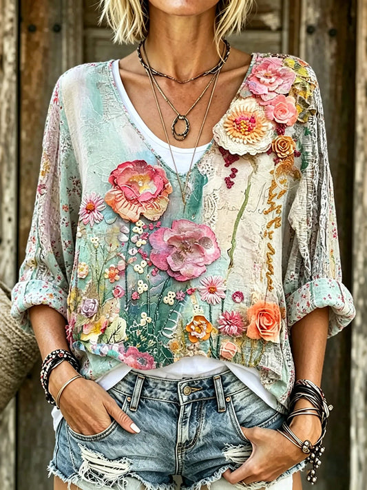 Cardydony Women's Retro Floral Design V-neck T-shirt