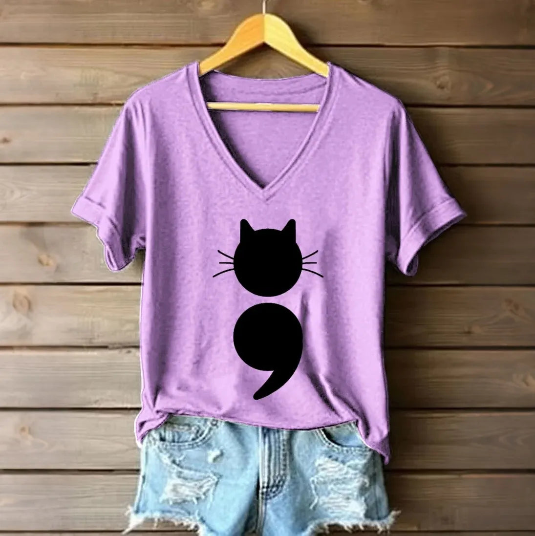 Cardydony Women's Survivor Cat Semicolon Mental Health Graphic Print Short Sleeve T-shirt