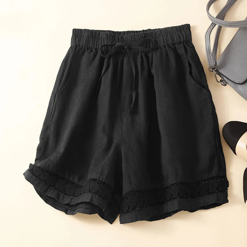 Cardydony Women's Retro Solid Color Lace Elastic Waist Cotton And Linen Shorts