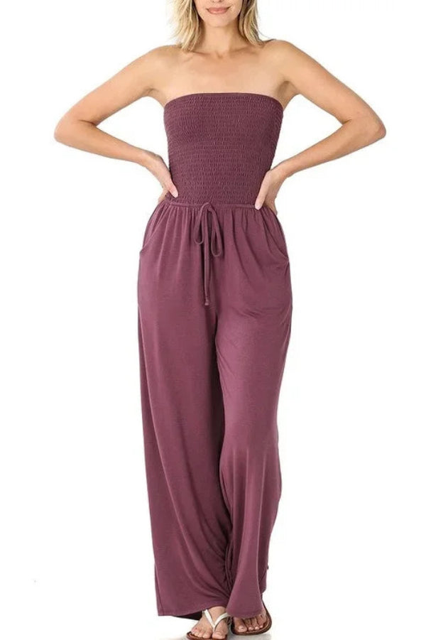 Cardydony Women's Solid Color Sleeveless Off-shoulder Pleated Loose Pocket Casual Wide-leg Jumpsuit