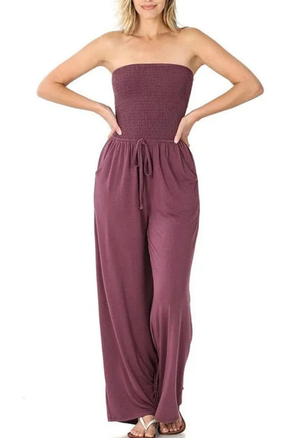 Cardydony Women's Solid Color Sleeveless Off-shoulder Pleated Loose Pocket Casual Wide-leg Jumpsuit