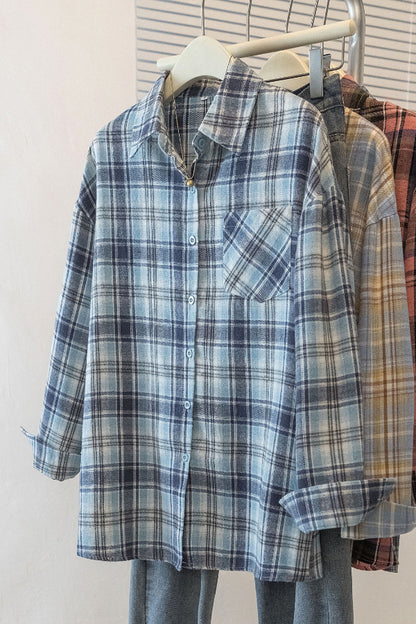 Cardydony Women's Stylish Plaid Collared Long-sleeved Pockets Casual Loose Shirt