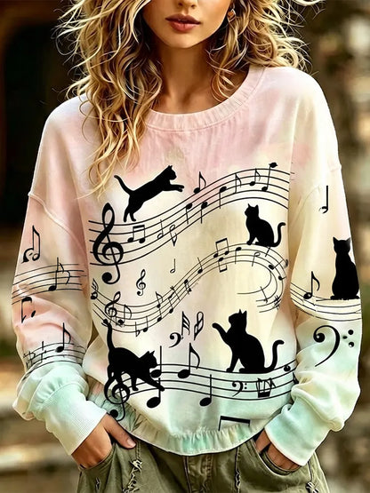 Cardydony Women's Musical Notes And Silhouetted Black Cats Tie-dye Long Sleeve Sweatshirt