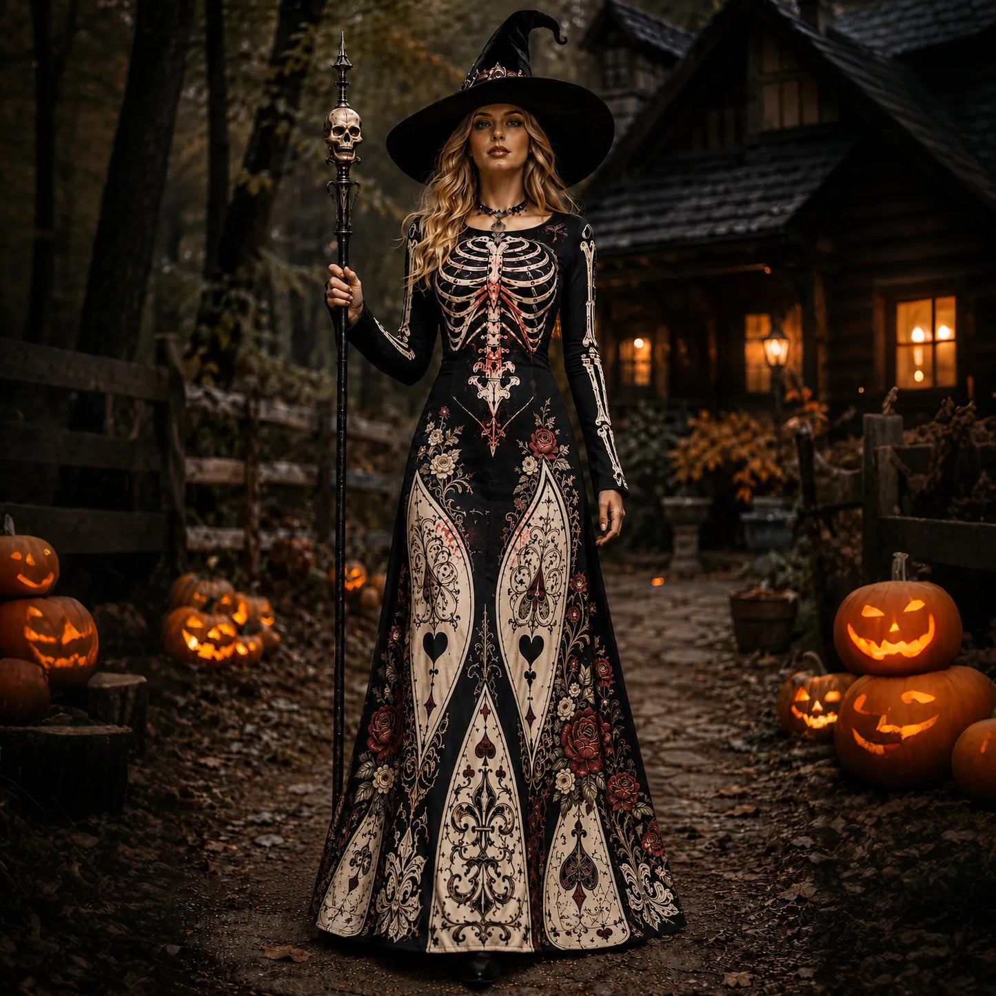 Cardydony Women's Retro Halloween Gothic With Floral Pattern Print Round-neck Maxi Dress