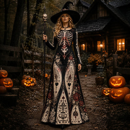 Cardydony Women's Retro Halloween Gothic With Floral Pattern Print Round-neck Maxi Dress