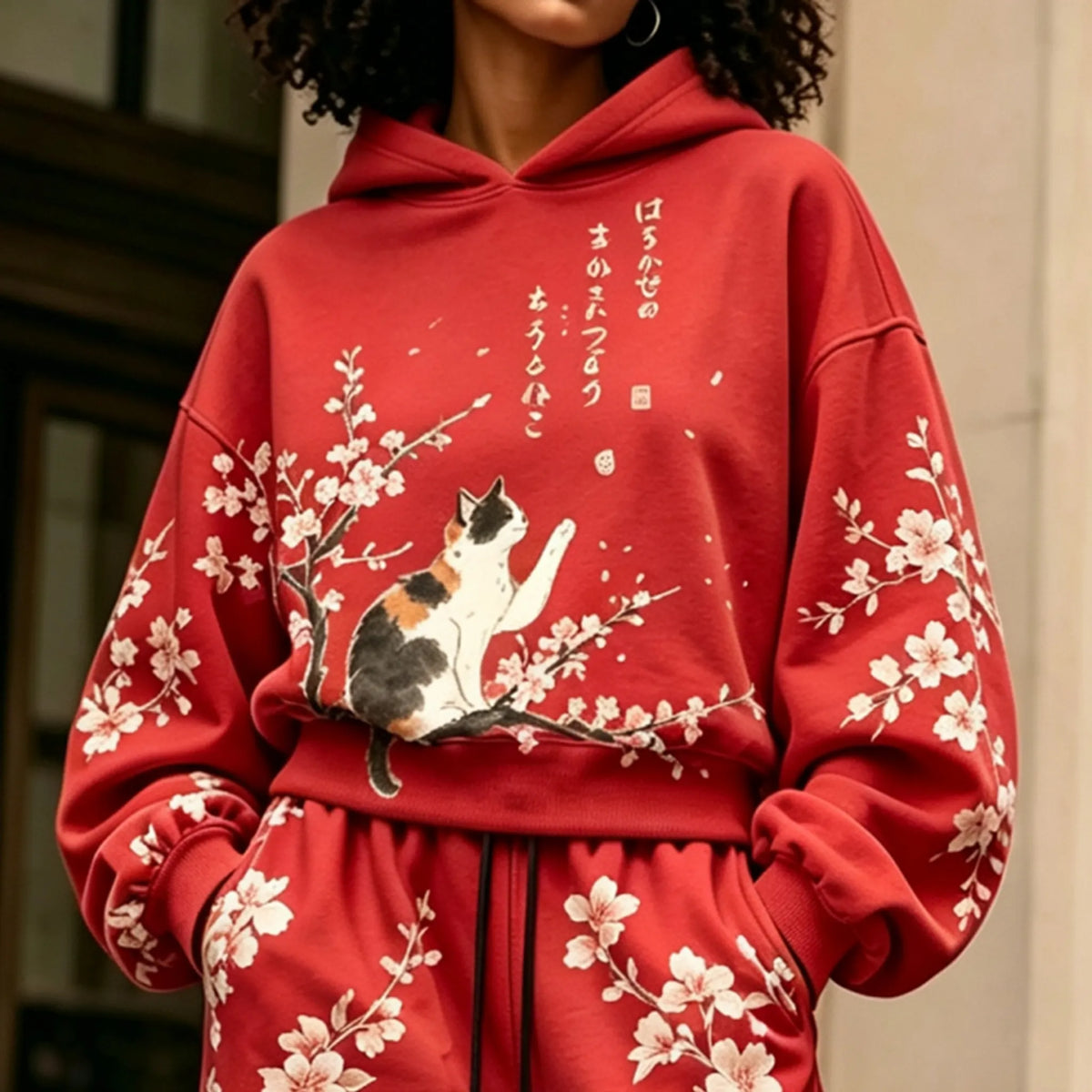 Cardydony Women's Vintage Japanese Cherry Blossom And Cat Art Print Hoodie Two Piece Set