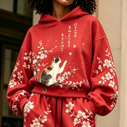 Cardydony Women's Vintage Japanese Cherry Blossom And Cat Art Print Hoodie Two Piece Set