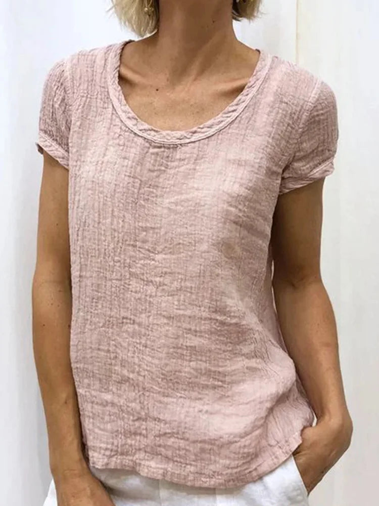 Cardydony Vintage crew neck casual linen T-shirt