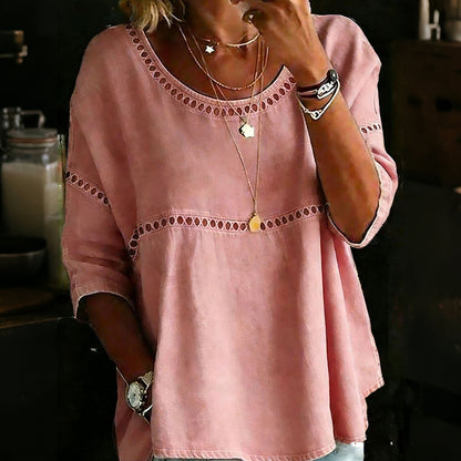 Cardydony Casual Hollowed-out Lace Patchwork Round Neck Top