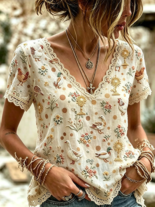 Cardydony Women's Retro Cotton Linen Farm Style Animal Embroidery Print V-neck Top