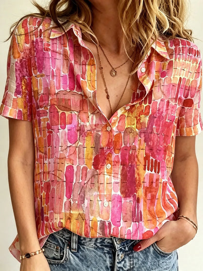 Cardydony Women's Bohemian Geometric Print Cotton Linen Short-sleeve Shirt