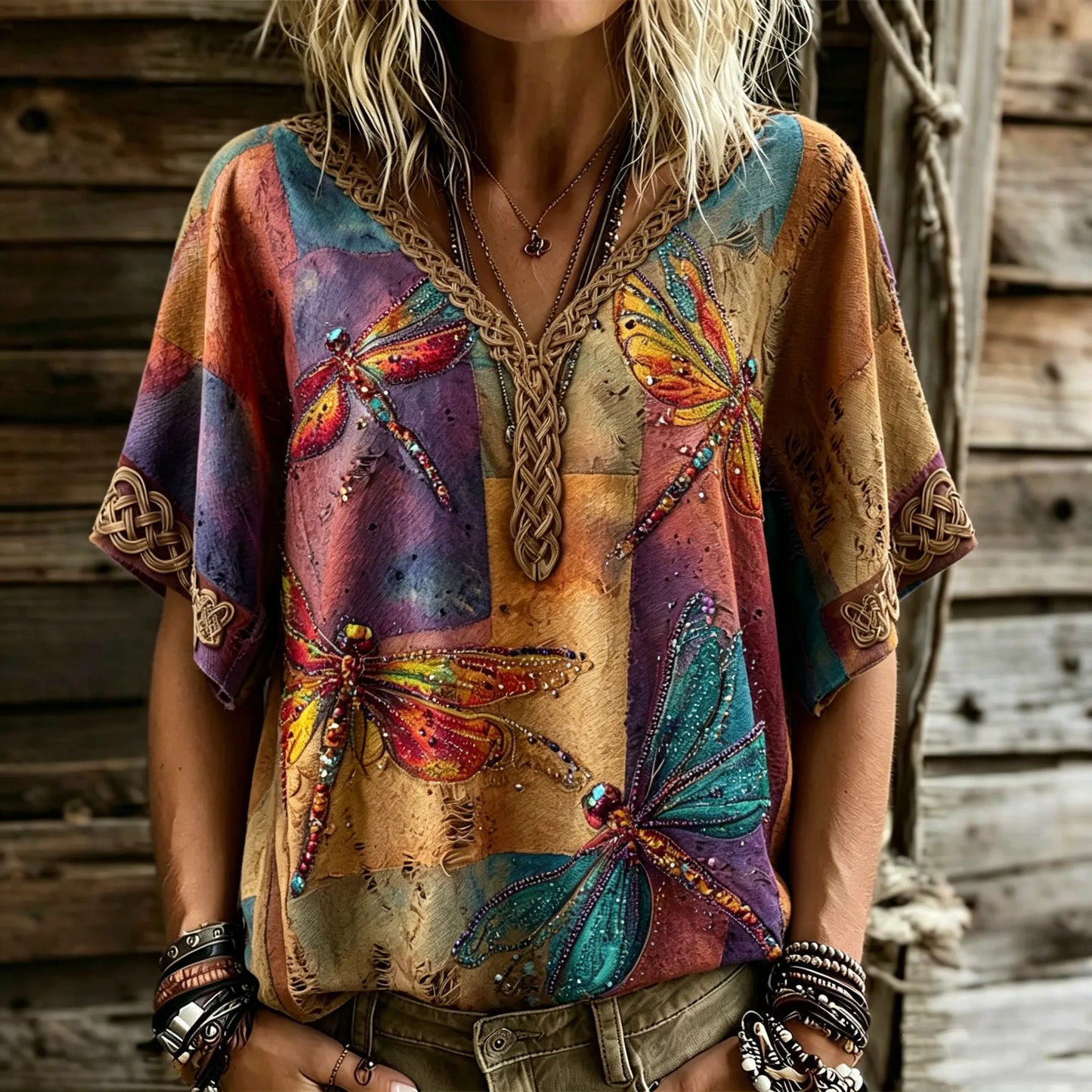 Cardydony Women's Retro Bohemian Hippie Style Butterfly Embroidered Sequin Print V-neck Top
