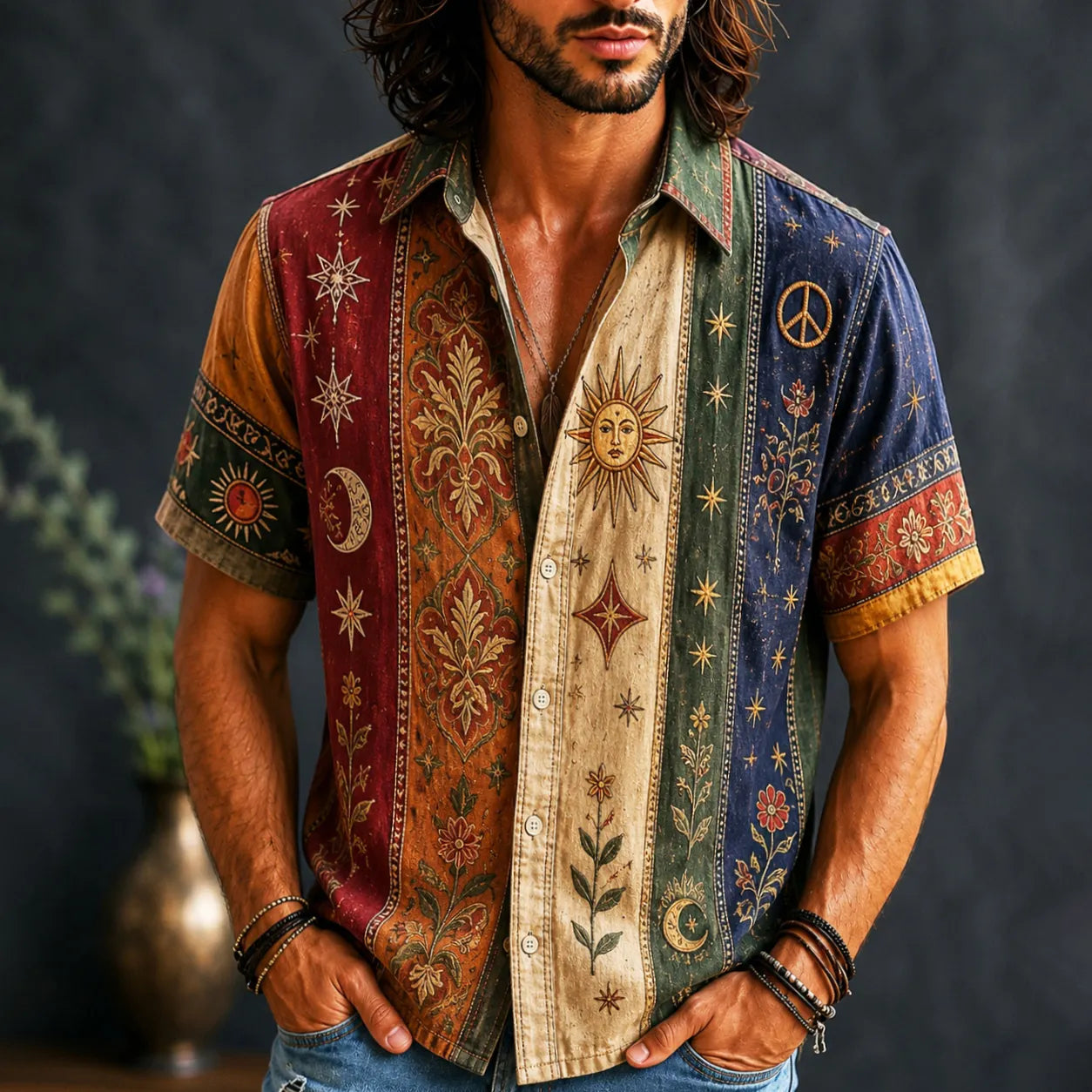 Cardydony Men's Vintage Flowers Sun Moon Striped Art Patchwork Print Shirt