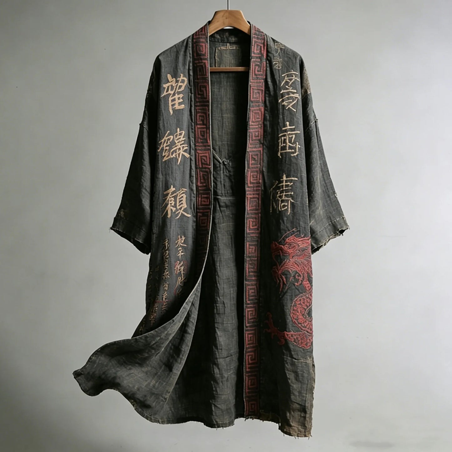 Cardydony Men's Japanese Dragon Pattern Calligraphy And Painting Art Linen Long Kimono
