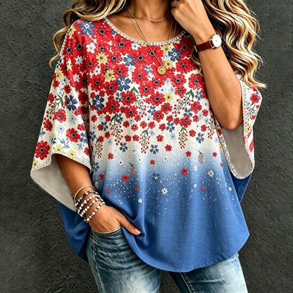 Cardydony Women's Vintage Independent Day Butterfly Art Print Flowy Linen Blend Three-quarter Sleeve Round Neck Linen Tops