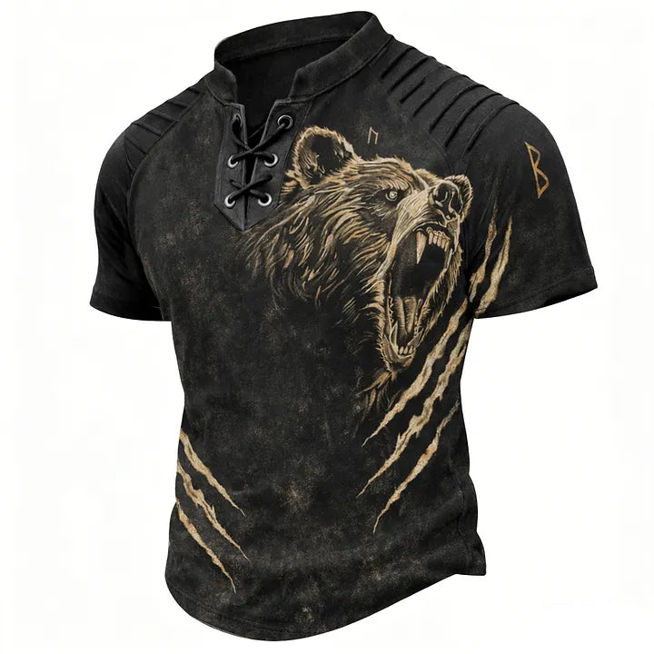 Cardydony Men's Retro Bear Print Viking Outdoor Casual Cotton Linen Top