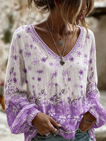 Cardydony Women's Gradient Floral Print Loose Retro Round Neck Long Sleeve T-shirt
