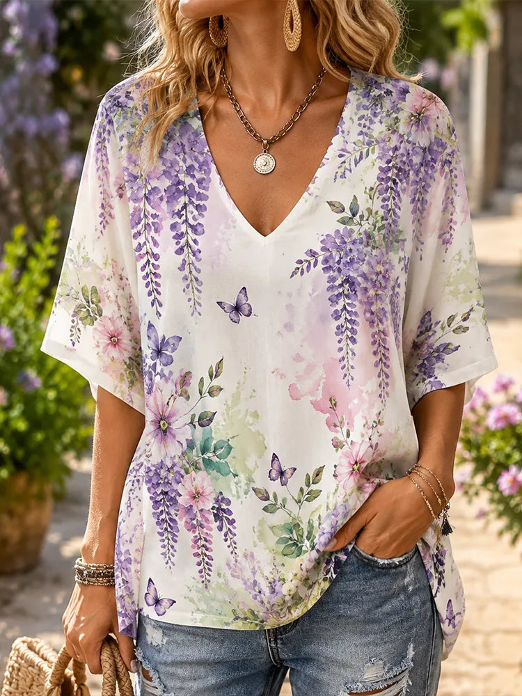 Cardydony Women's V-neck Casual Blouse - Watercolor Purple Wisteria Flowers And Butterflies Print Loose Top