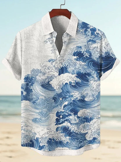 Cardydony Men's Waves Watercolor Art Print Short Sleeve Shirt