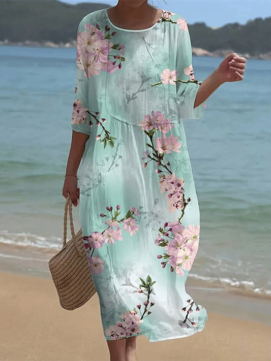 Cardydony Women's Elegant Floral Art Linen Blend Loose Linen Dress