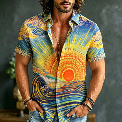 Cardydony Men's Retro Hippie Style Sun And Wave Embroidered Print Short-sleeve Shirt