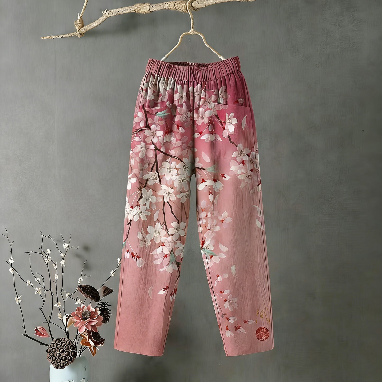 Cardydony Japanese Cherry Blossom Floral Pattern Comfortable Linen Pants