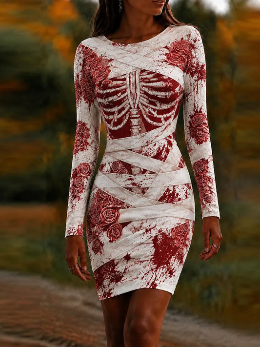 Cardydony Women's Halloween Dark Gothic Skeleton And Bandage Art Crew Neck Long Sleeve Dress