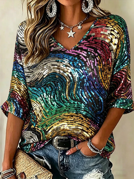 Cardydony Women's Hippie Colorful Sequin Art V-neck Short Sleeve Top