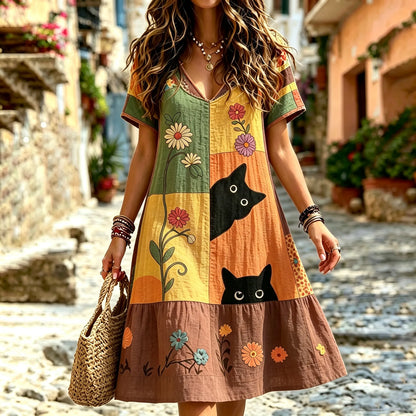 Cardydony Women's Hippie Black Cat Art Print Linen Blend V Neck Mini Dress
