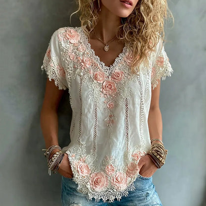 Cardydony Women's Bohemian Floral Embroidery Pattern Casual T-shirt