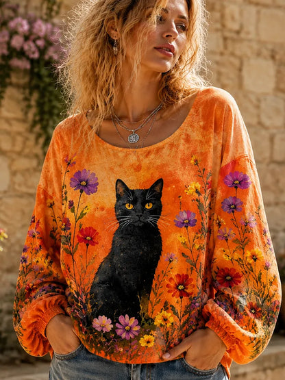 Cardydony Women's Crewneck Sweatshirt With Black Cat And Orange Sunset Floral Field Print