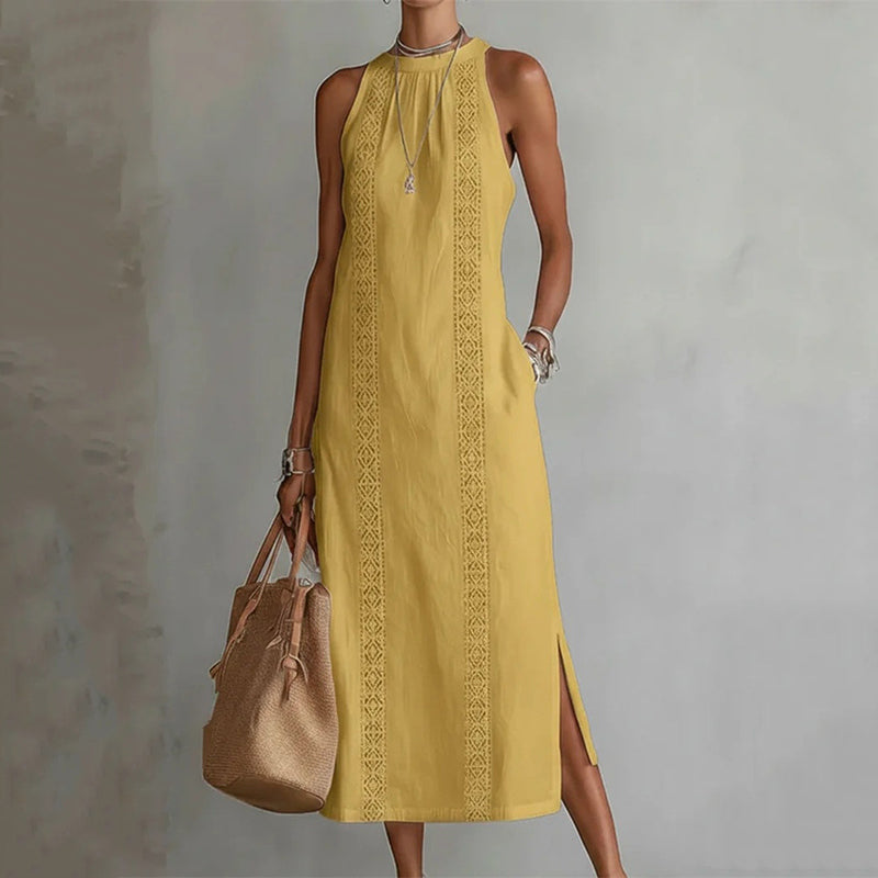 Cardydony Women's Solid Color Lace Patchwork Sleeveless Midi Dress
