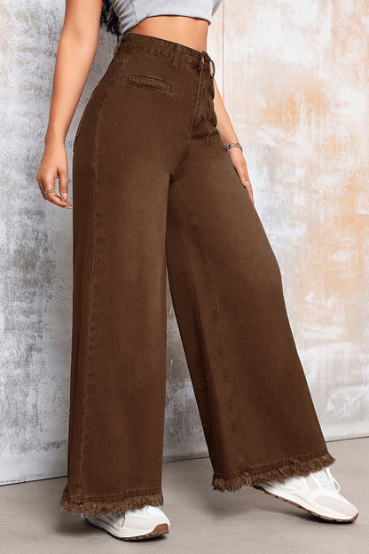Cardydony Women's Stylish Loose-fitting Frayed Hem Casual Pocket Wide-leg Jeans