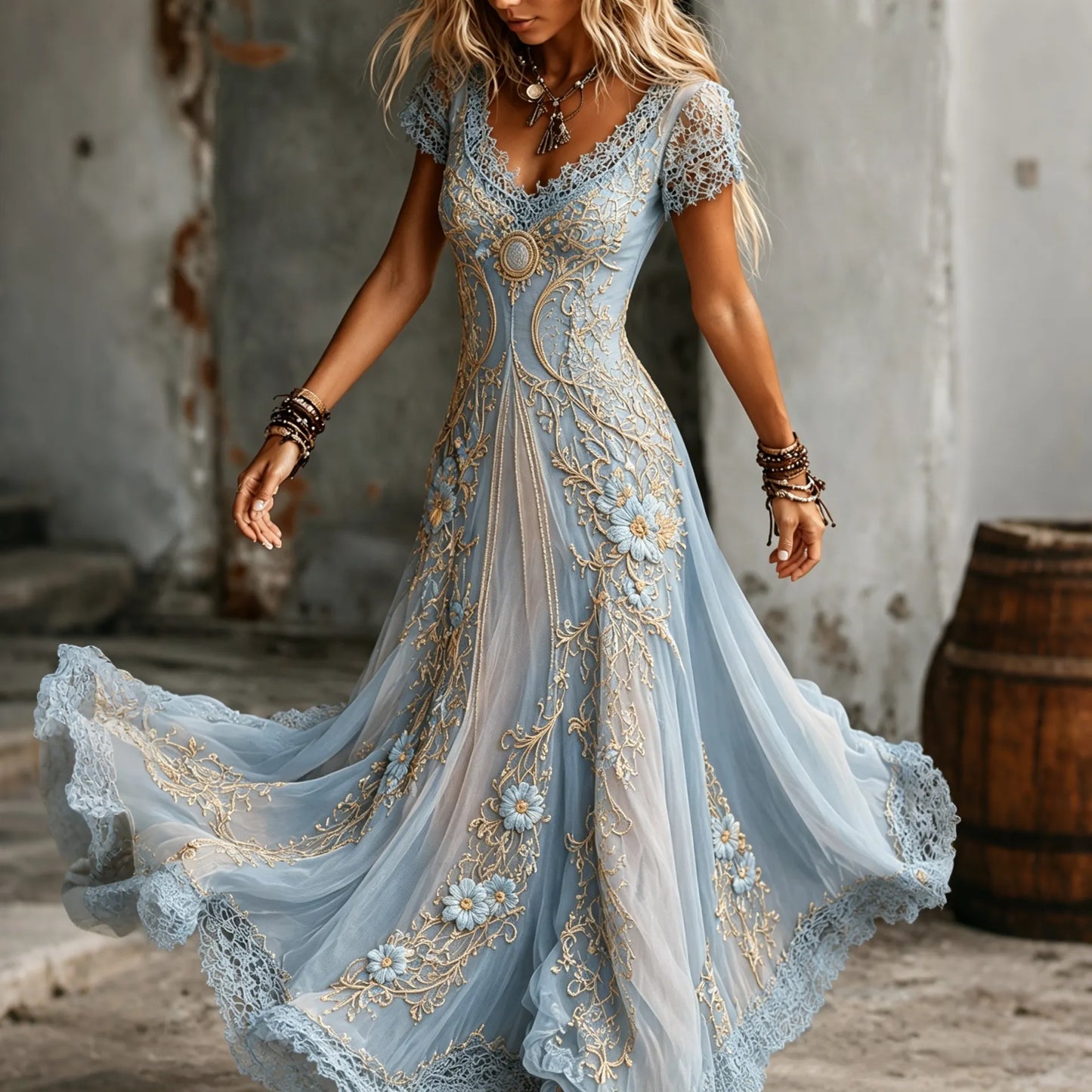 Cardydony Women's Bohemia Rose Floral Embroidered Art Flowy V Neck Maxi Dress