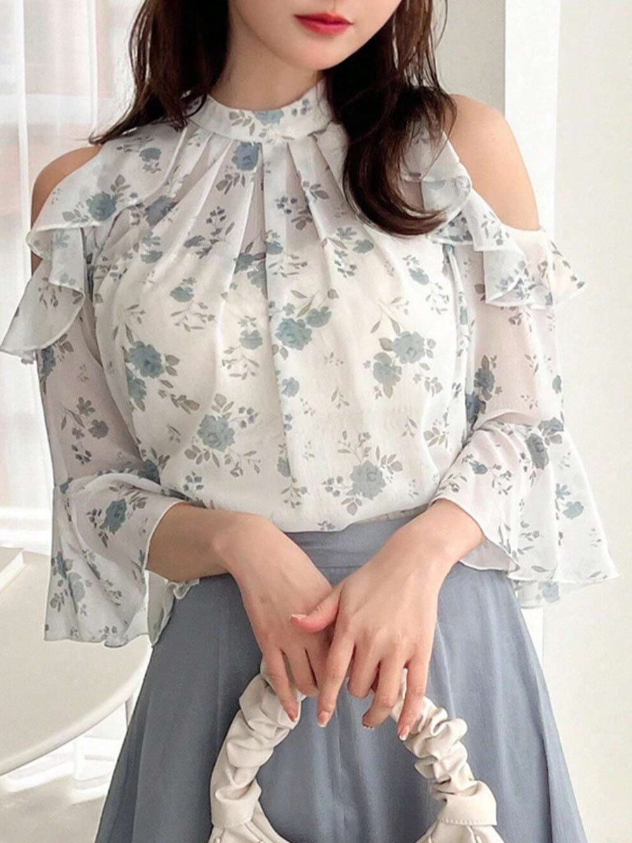 Cardydony Women's Floral Cold Shoulder Chiffon Blouse with Ruffle Sleeves – Summer Top