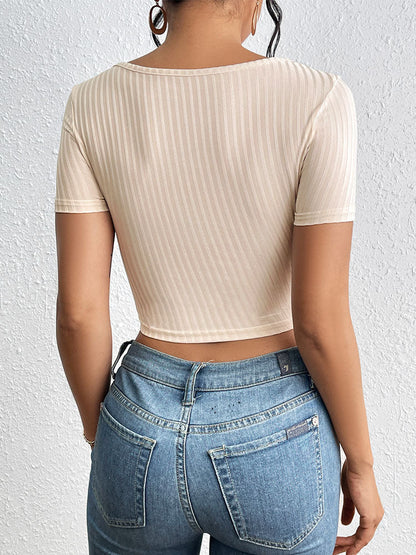 Cardydony Women's Ribbed Bow Tie Crop Top - Short Sleeve with Keyhole Cutout