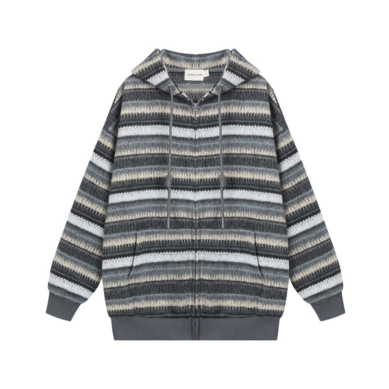 Cardydony Women's Vintage Striped Knitted Hooded Jacket