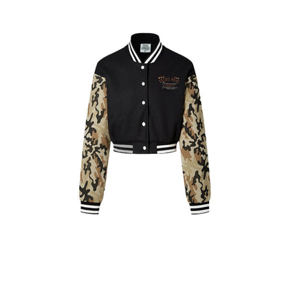 Cardydony Women's Cropped Varsity Jacket | Camo Sleeve Street Style