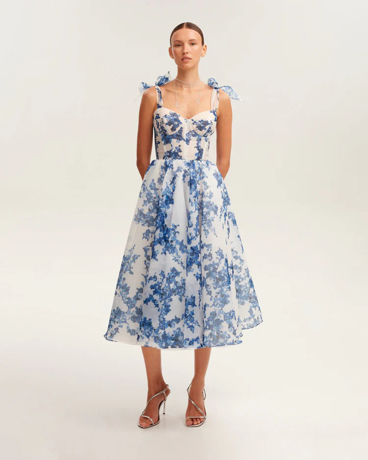 Cardydony Women's Chic Floral Organza Midi Dress with Delicate Bow Straps