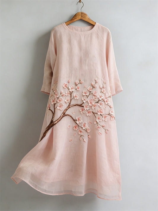 Cardydony Cherry Blossom Japanese Flowy Linen Maxi Dress