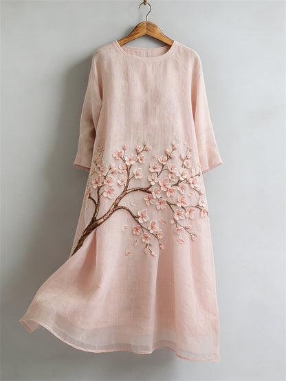 Cardydony Cherry Blossom Japanese Flowy Linen Maxi Dress