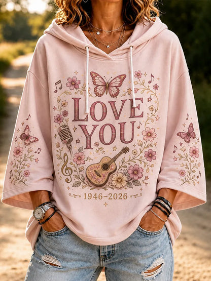 Cardydony Women's Hooded Sweatshirt With The Words "i Love You," An Acoustic Guitar, Butterflies, And Floral Patterns.