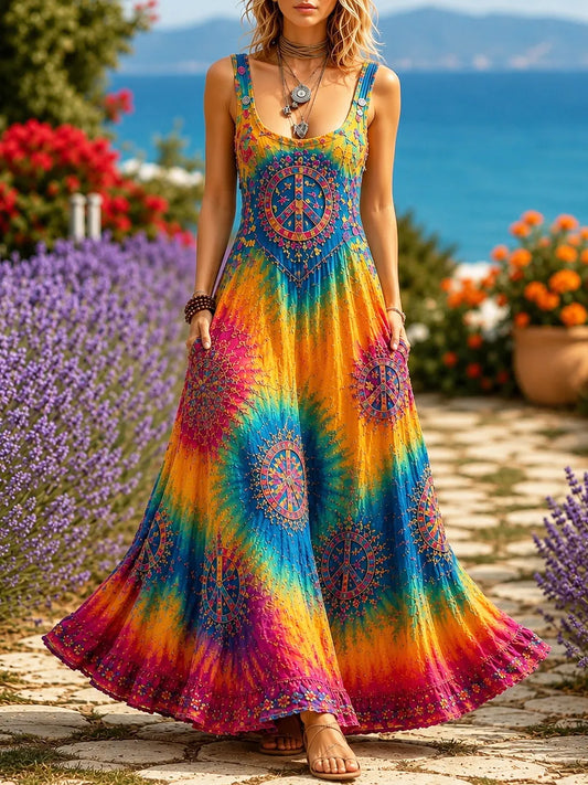 Cardydony Women's Hippie Peace Sign Tie Dye Sleeveless Dress